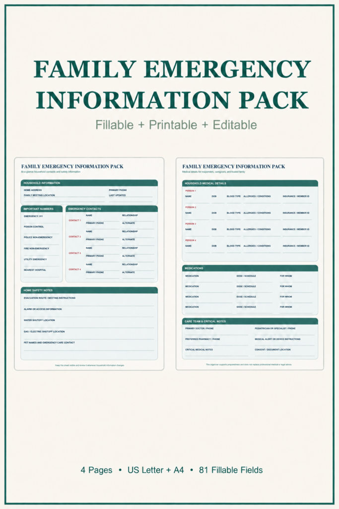 Family Emergency Information Pack cover showing two actual product pages