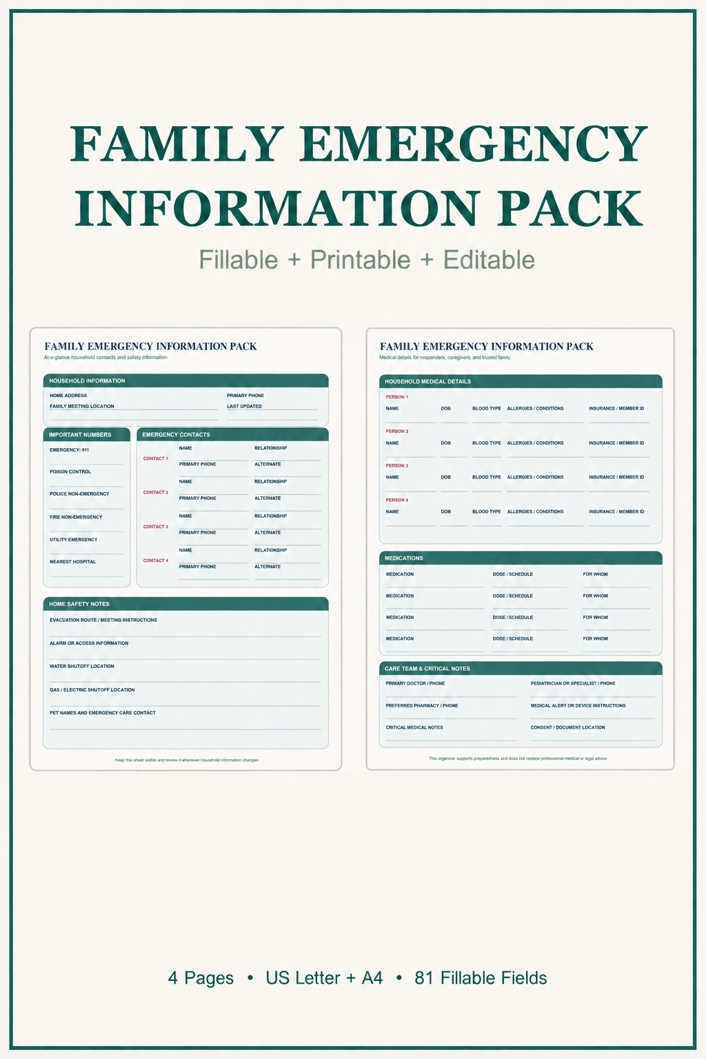 Family Emergency Information Pack cover showing two actual product pages