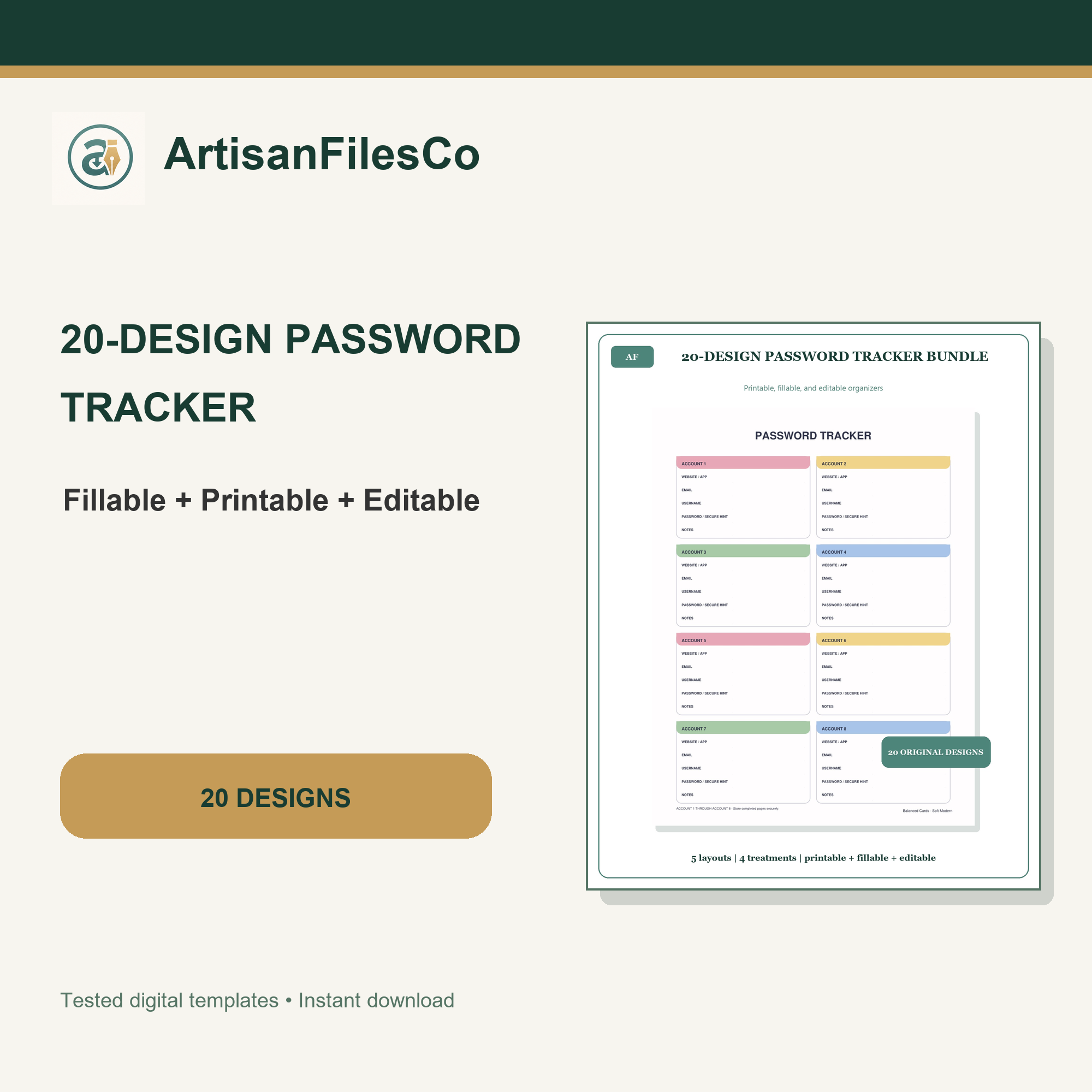 ArtisanFilesCo 20-Design Password Tracker Bundle | Printable, Fillable and Editable