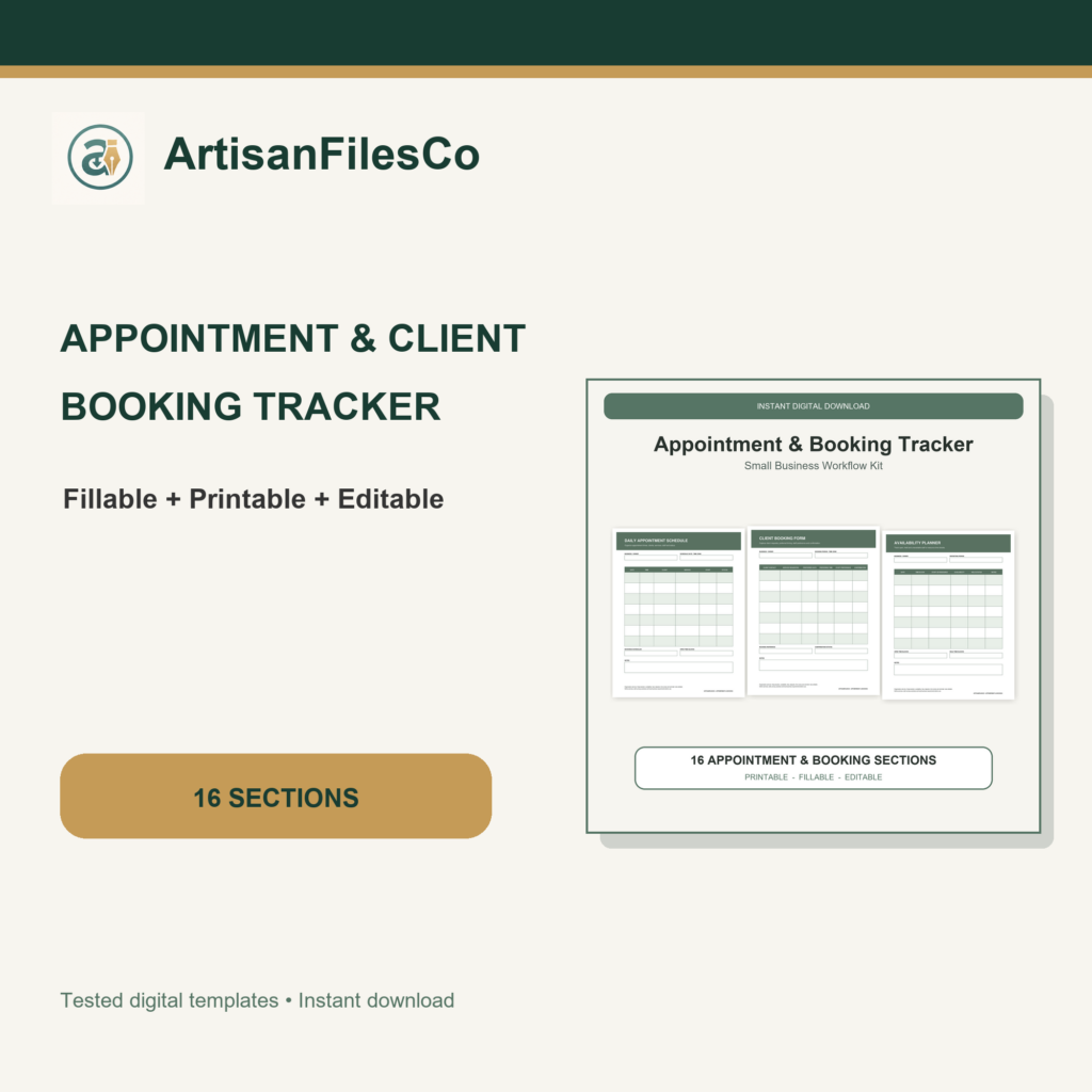 ArtisanFilesCo Small Business Appointment and Client Booking Tracker Kit, Fillable Printable Editable Forms