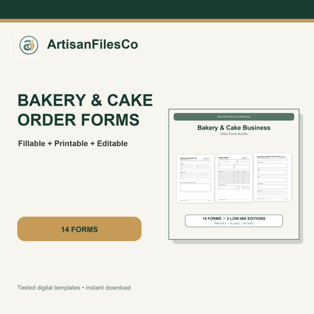 ArtisanFilesCo Bakery & Cake Order Forms Bundle | Fillable Printable Business Templates