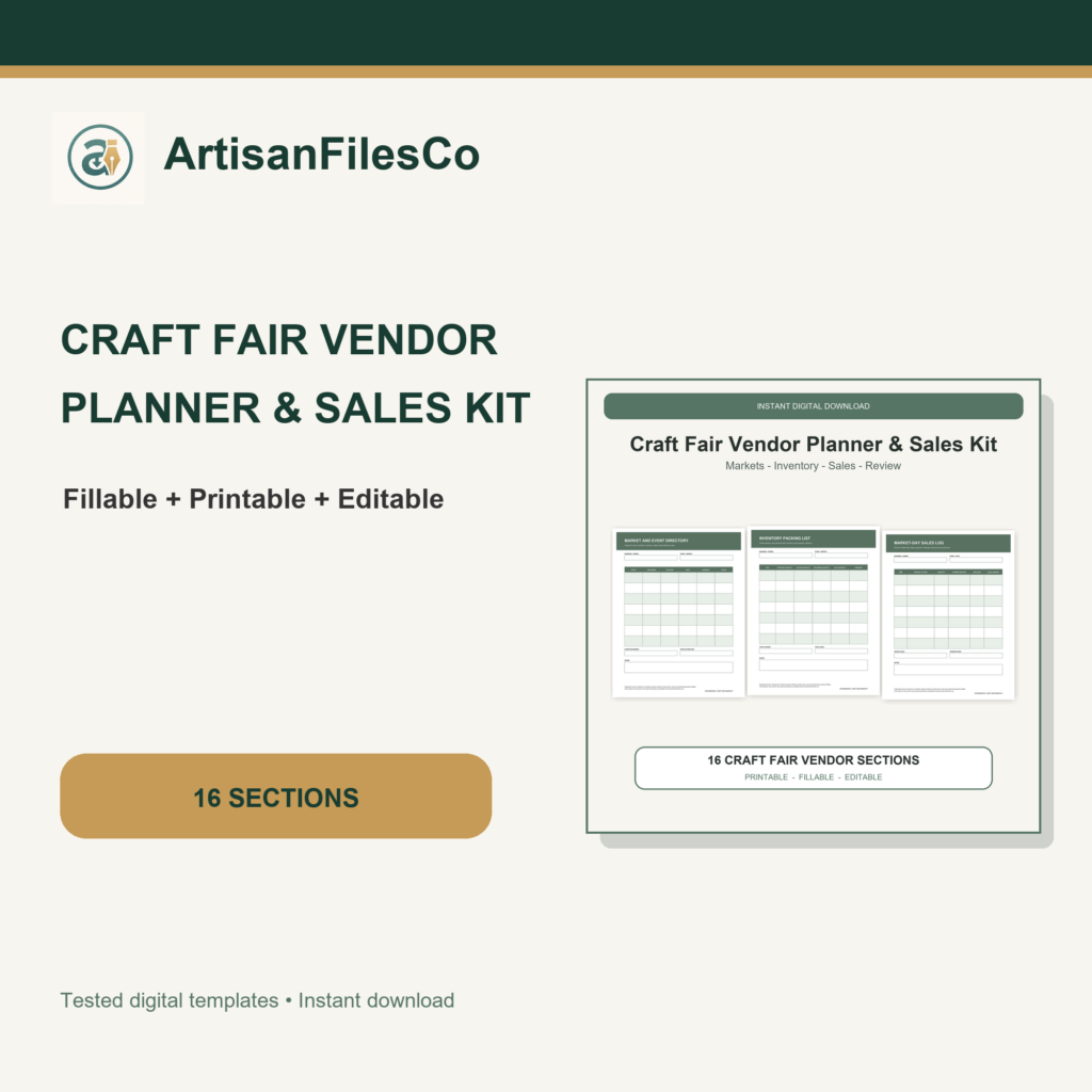 ArtisanFilesCo Craft Fair Vendor Planner and Sales Kit, Fillable Printable Editable Forms