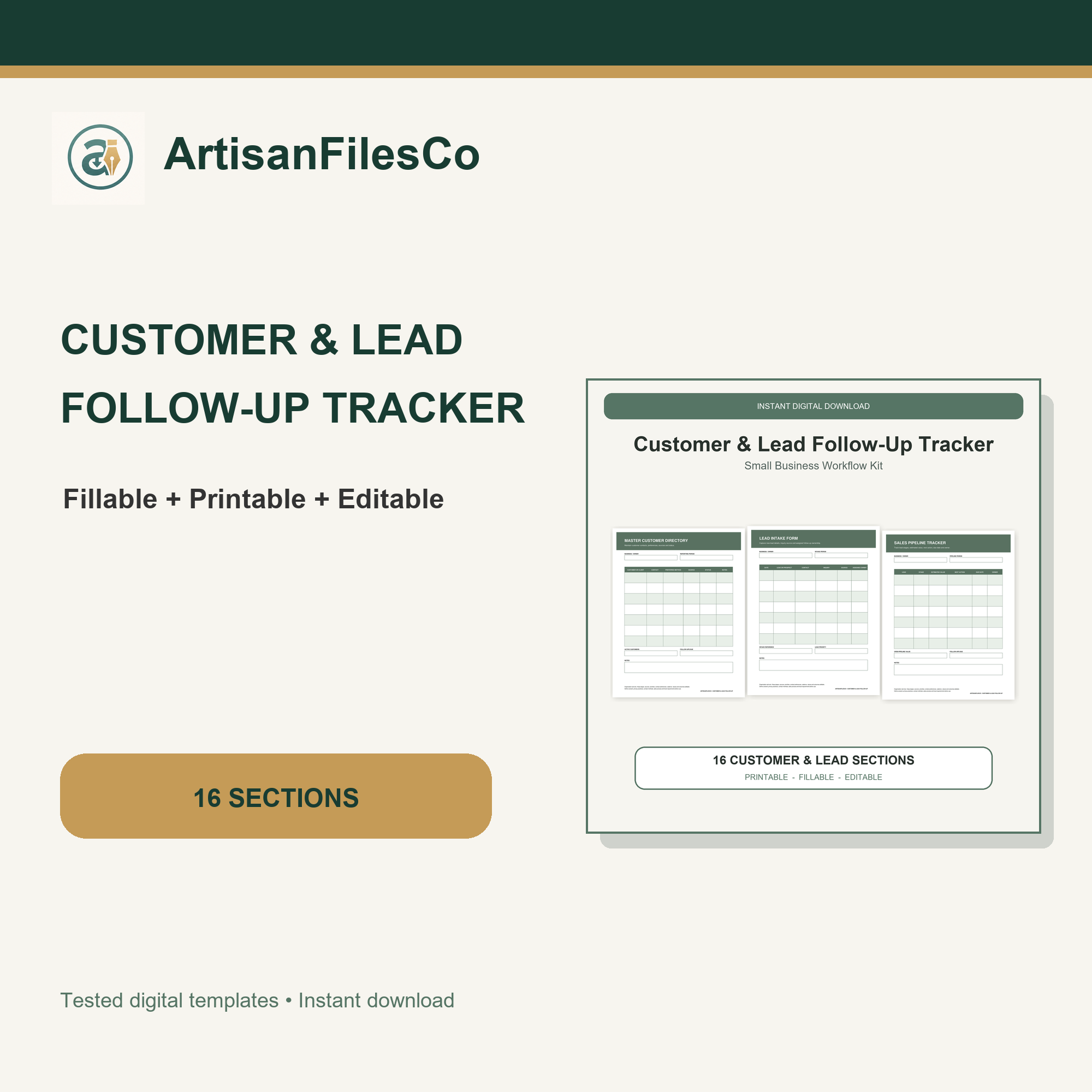 ArtisanFilesCo Small Business Customer and Lead Follow-Up Tracker Kit, Fillable Printable Editable Forms
