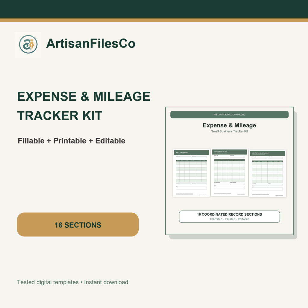 ArtisanFilesCo Small Business Expense and Mileage Tracker Kit, Fillable Printable Editable Records Bundle