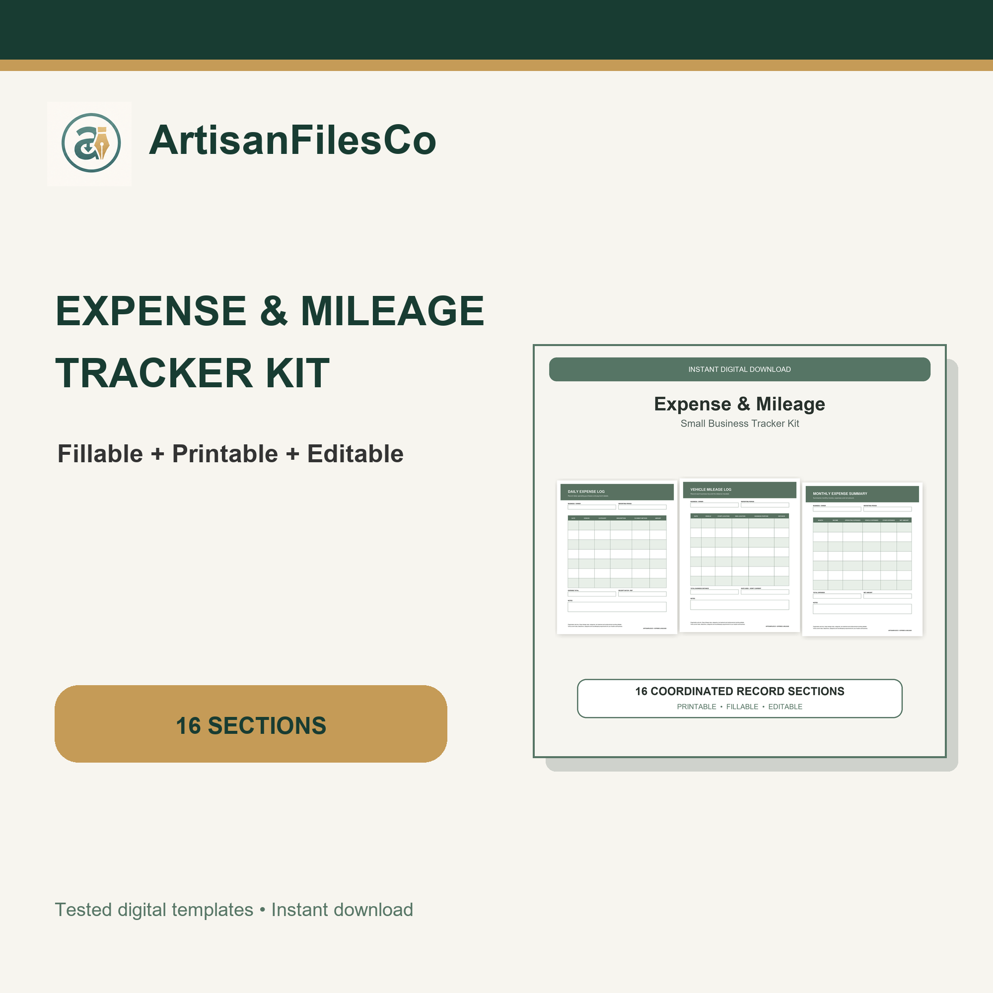 ArtisanFilesCo Small Business Expense and Mileage Tracker Kit, Fillable Printable Editable Records Bundle