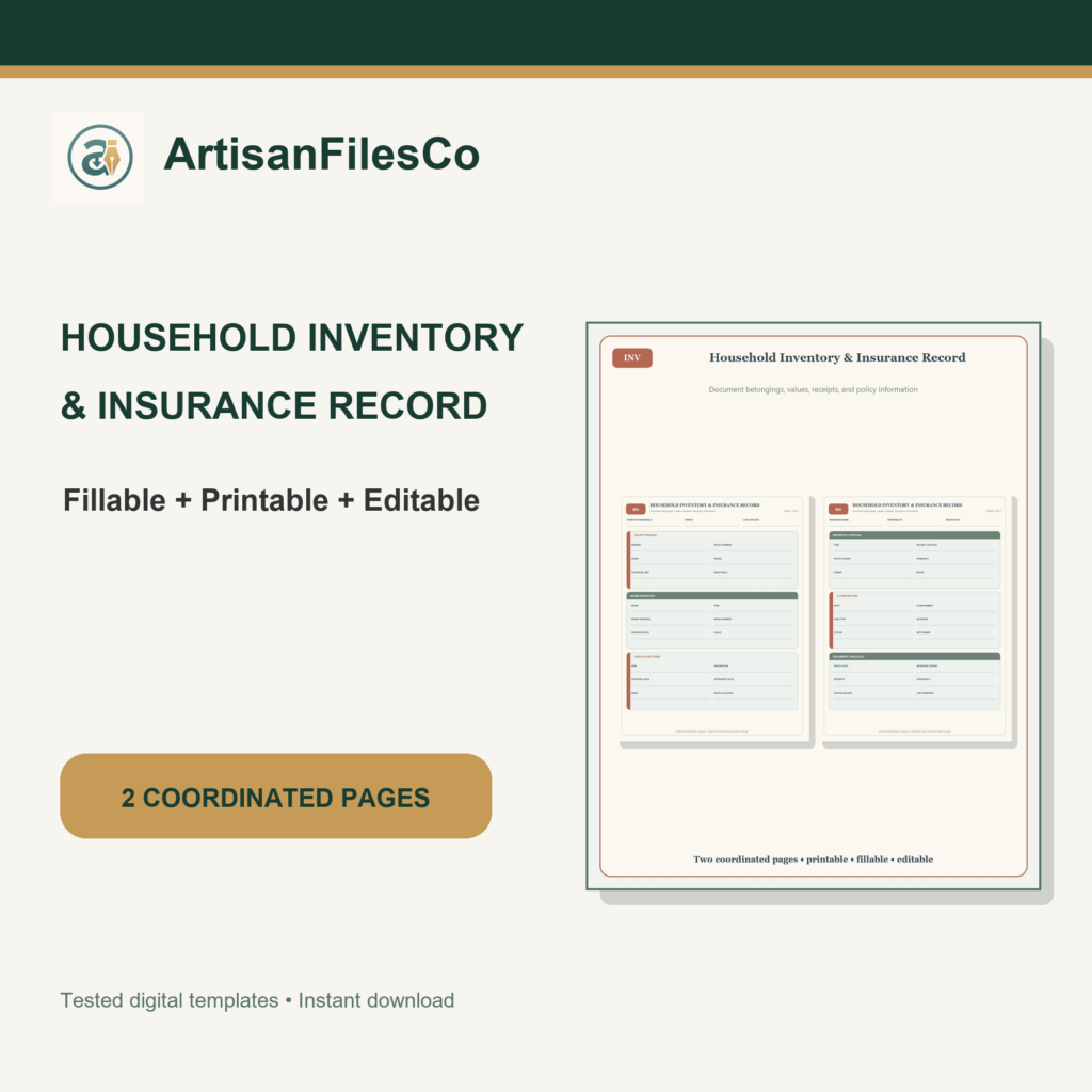 ArtisanFilesCo Household Inventory & Insurance Record | Printable and Fillable PDF