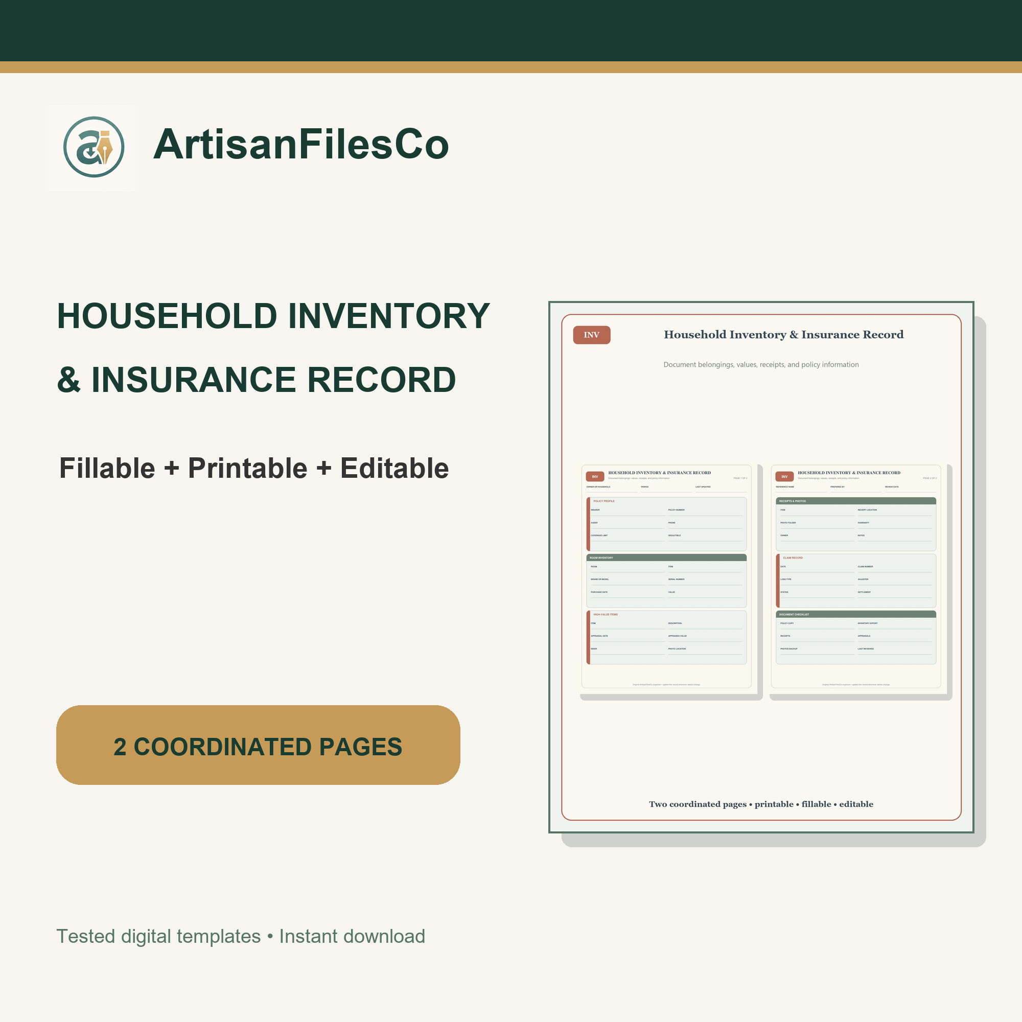ArtisanFilesCo Household Inventory & Insurance Record | Printable and Fillable PDF