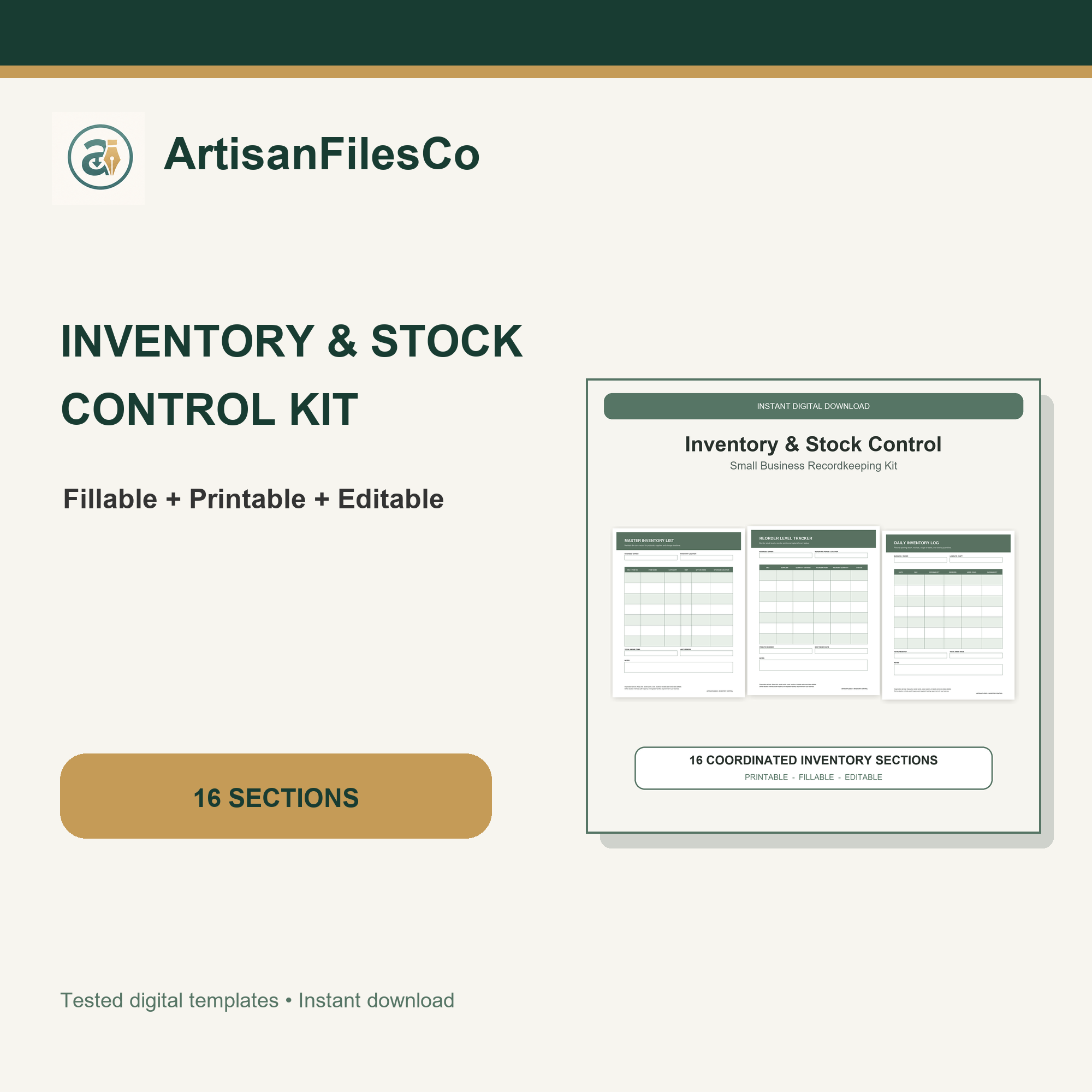 ArtisanFilesCo Small Business Inventory and Stock Control Kit, Fillable Printable Editable Records Bundle