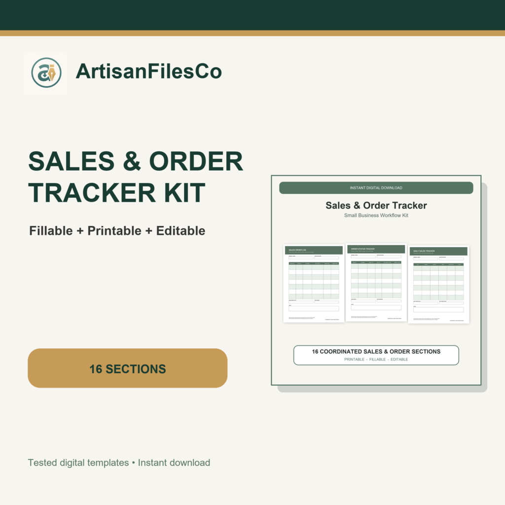 ArtisanFilesCo Small Business Sales and Order Tracker Kit, Fillable Printable Editable Records Bundle