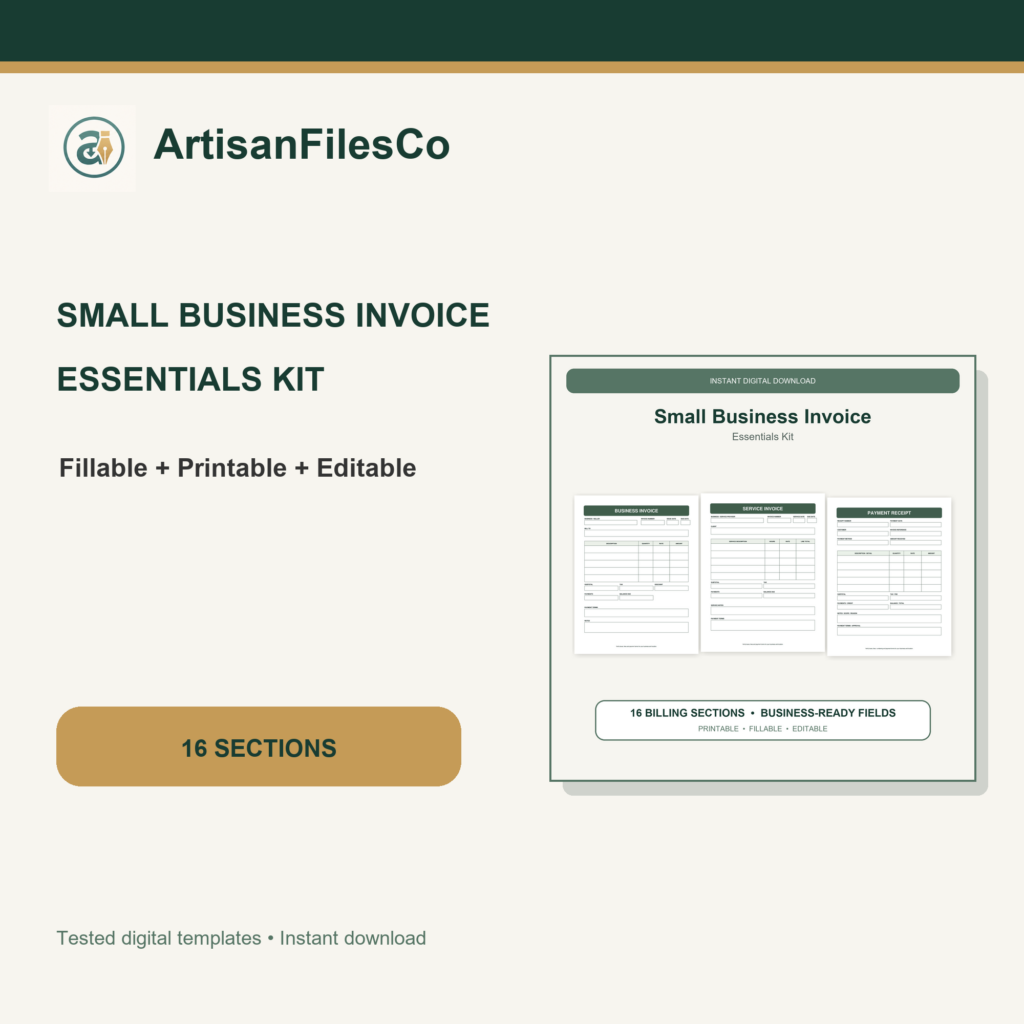 ArtisanFilesCo Small Business Invoice Essentials Kit, Fillable Printable Editable Billing Bundle