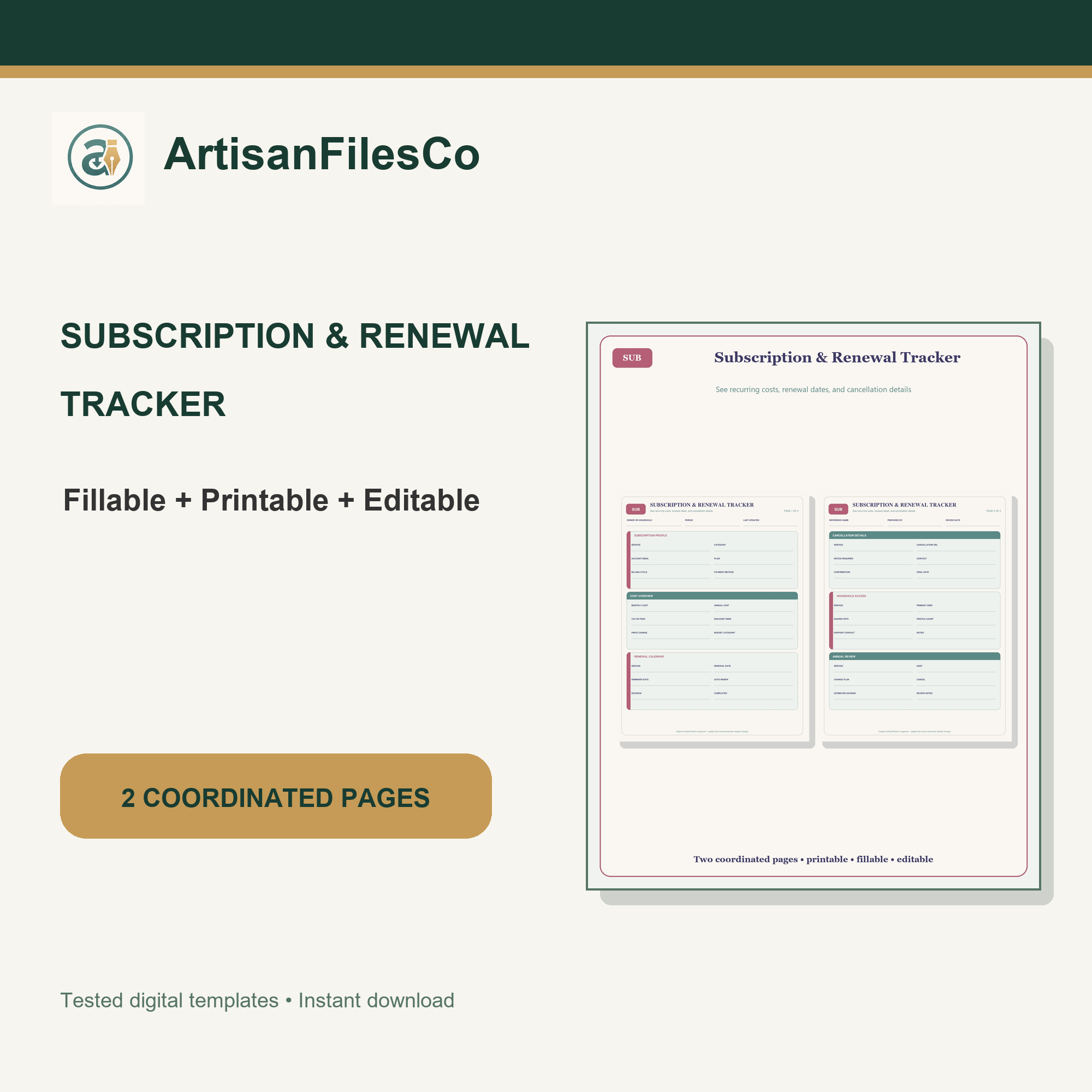 ArtisanFilesCo Subscription & Renewal Tracker | Printable and Fillable PDF
