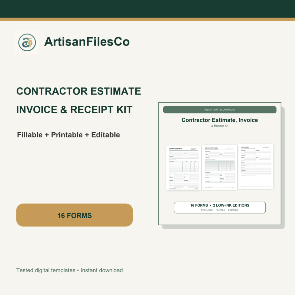 ArtisanFilesCo Contractor Estimate, Invoice and Receipt Kit | 16 Fillable Forms