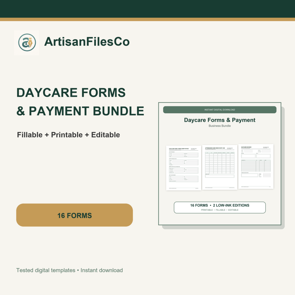 ArtisanFilesCo Daycare Forms and Payment Bundle, Fillable Printable Child Care Templates