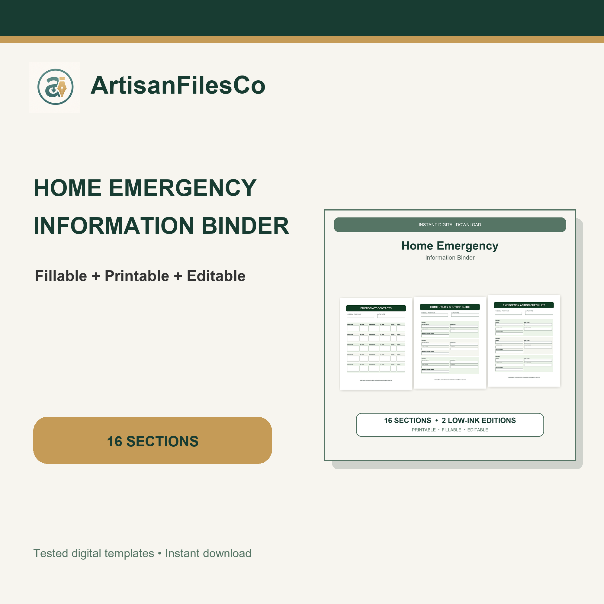 ArtisanFilesCo Home Emergency Information Binder, Fillable Printable Editable Household Organizer