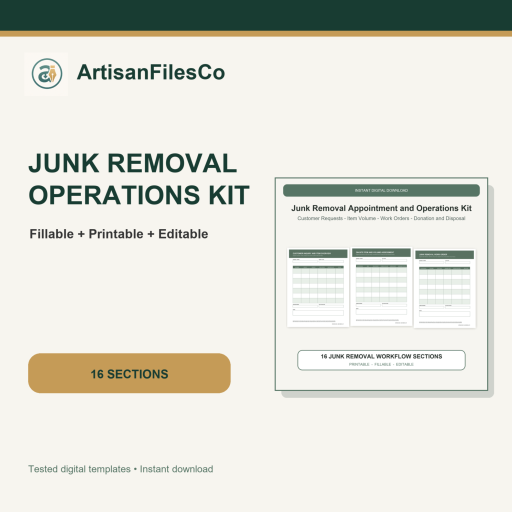 ArtisanFilesCo Junk Removal Appointment and Operations Kit, Fillable Printable Editable Forms