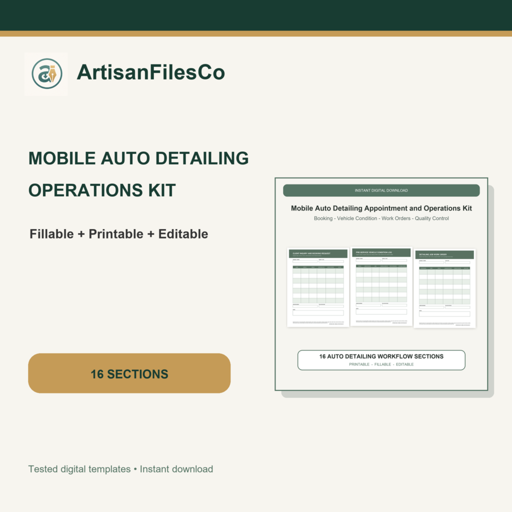 ArtisanFilesCo Mobile Auto Detailing Appointment and Operations Kit, Fillable Printable Editable Forms