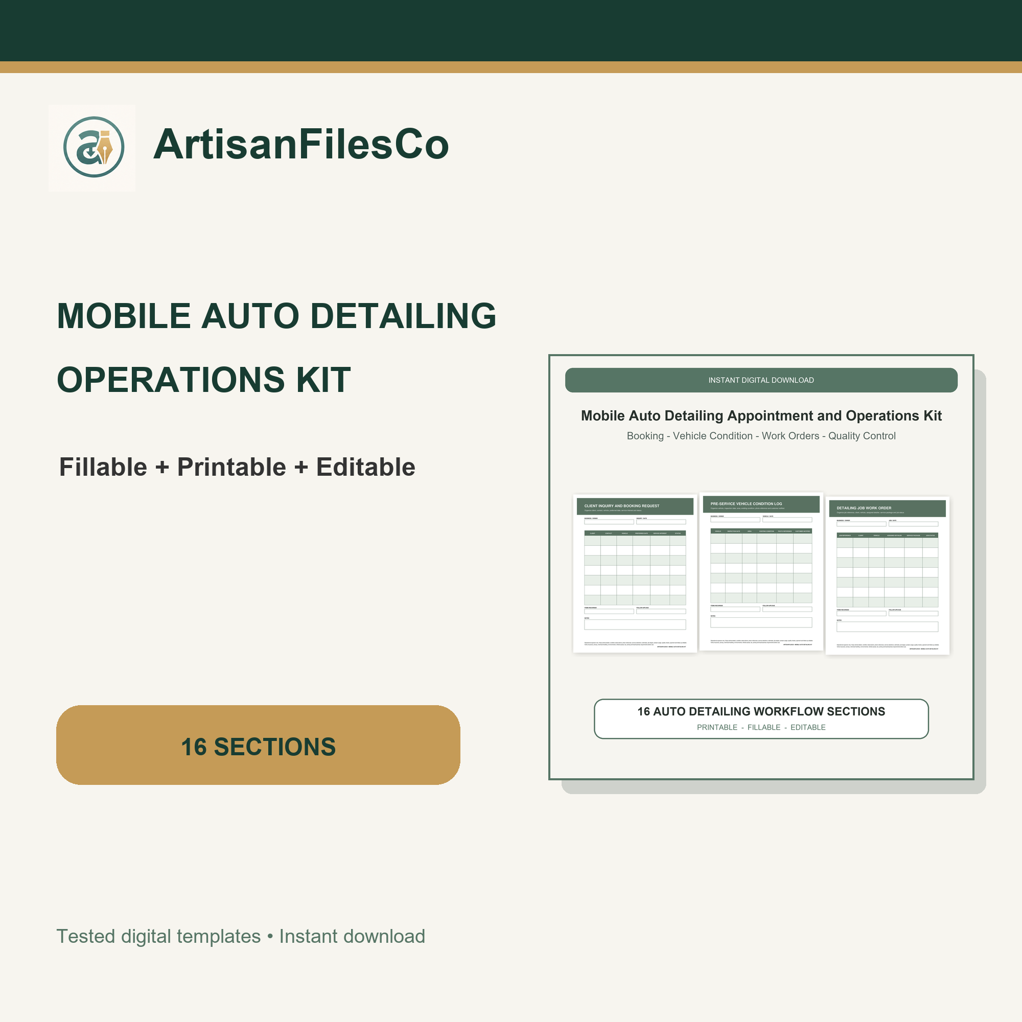 ArtisanFilesCo Mobile Auto Detailing Appointment and Operations Kit, Fillable Printable Editable Forms