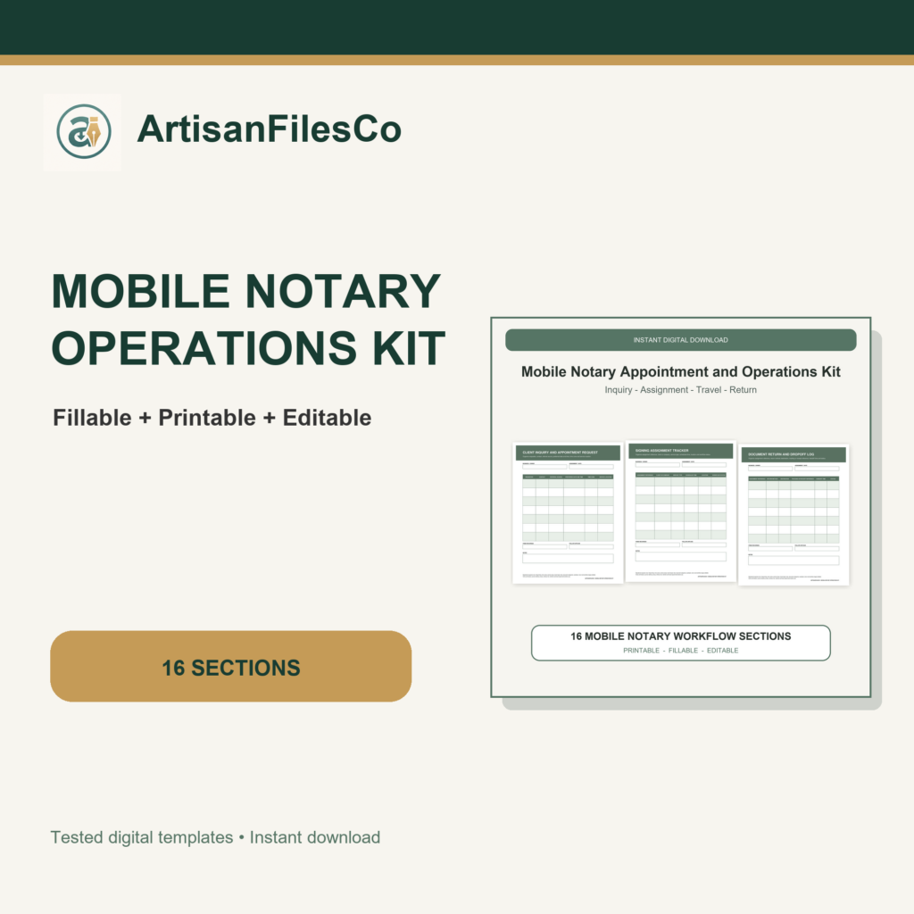 ArtisanFilesCo Mobile Notary Appointment and Operations Kit, Fillable Printable Editable Forms
