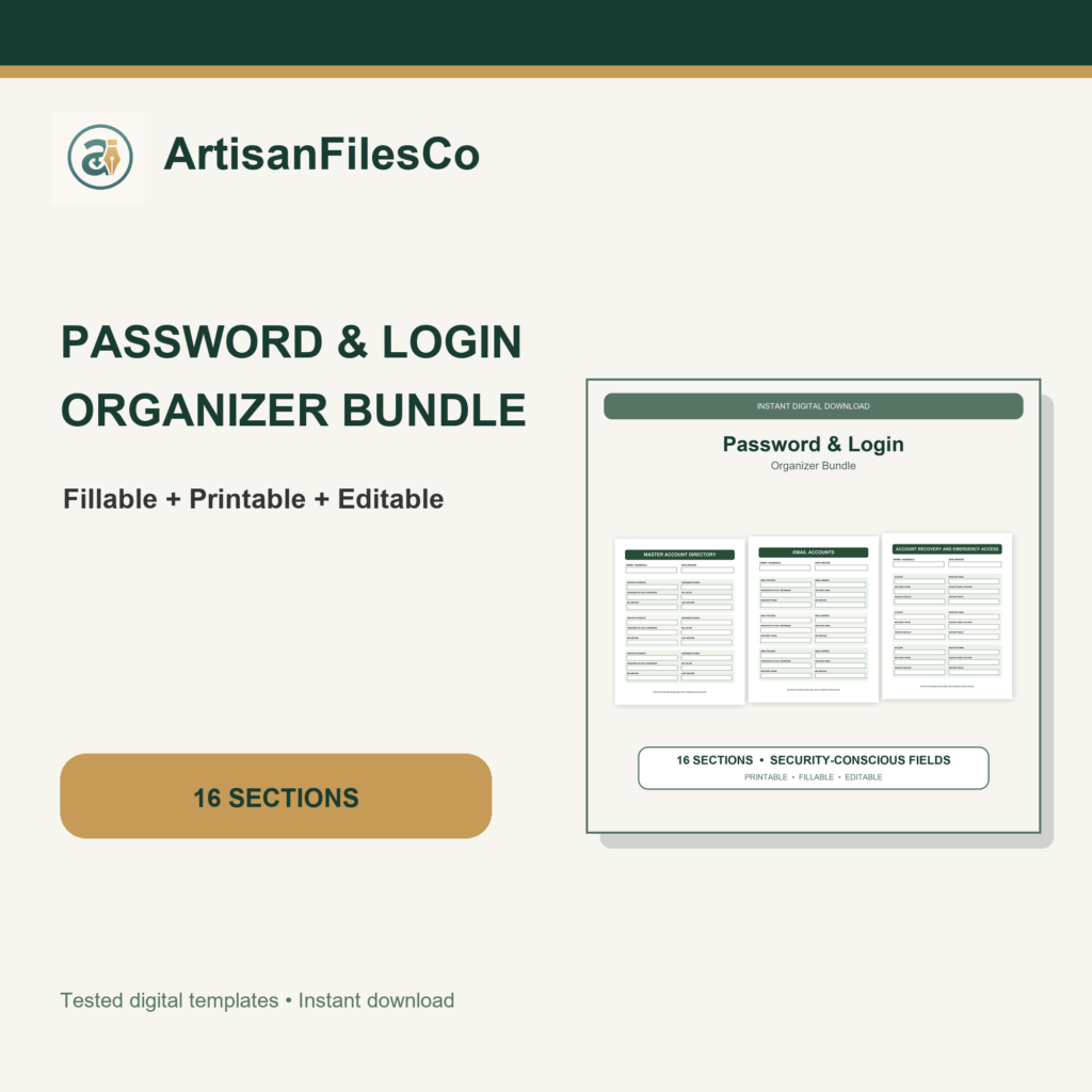 ArtisanFilesCo Password and Login Organizer Bundle, Fillable Printable Editable Account Binder
