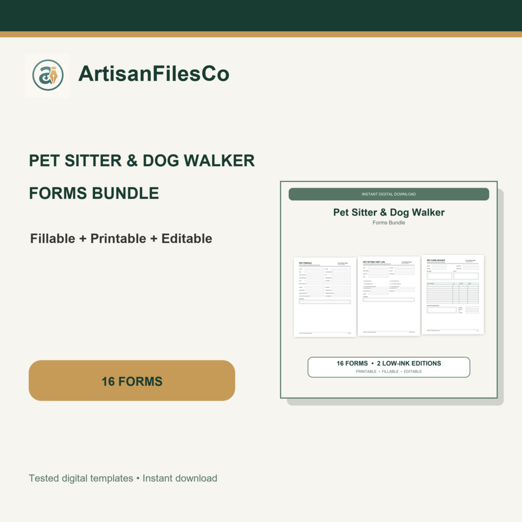 ArtisanFilesCo Pet Sitter and Dog Walker Forms Bundle, Fillable Printable Pet Care Templates