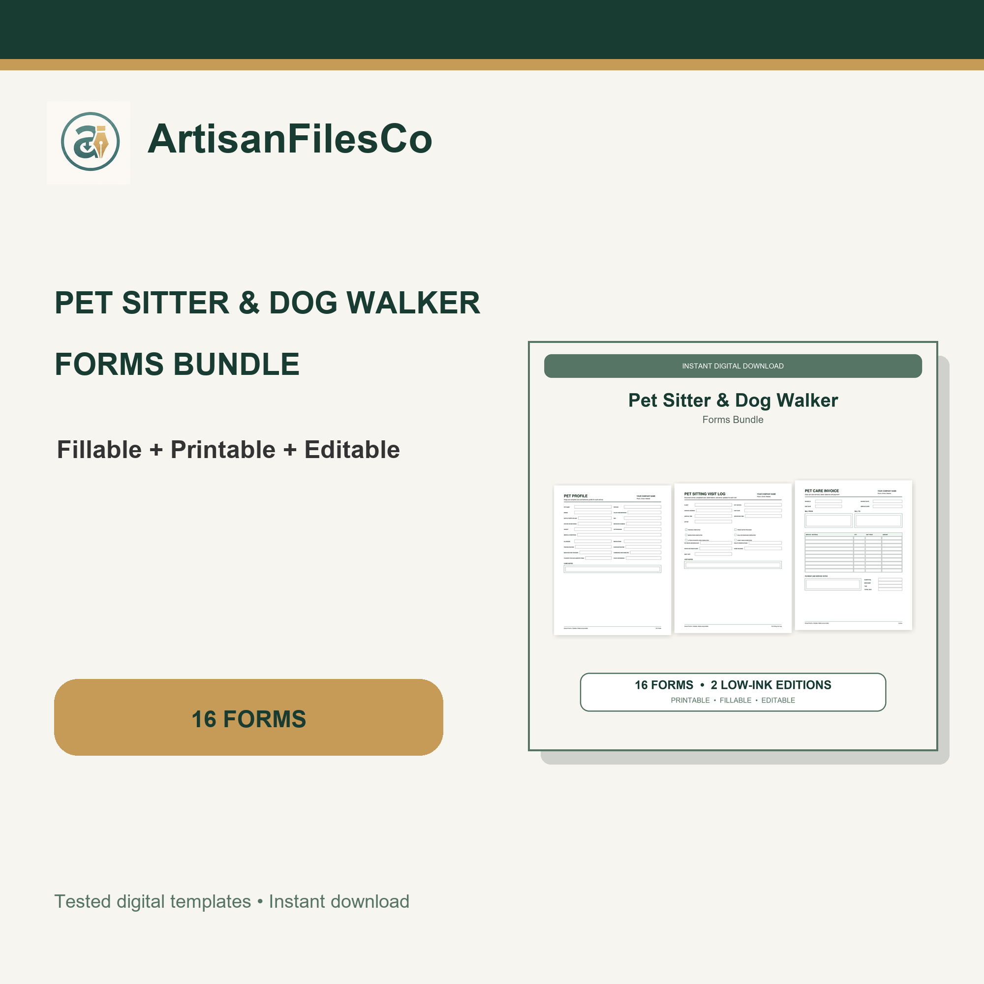 ArtisanFilesCo Pet Sitter and Dog Walker Forms Bundle, Fillable Printable Pet Care Templates