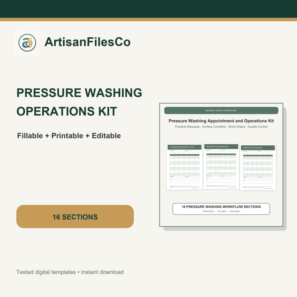 ArtisanFilesCo Pressure Washing Appointment and Operations Kit, Fillable Printable Editable Forms
