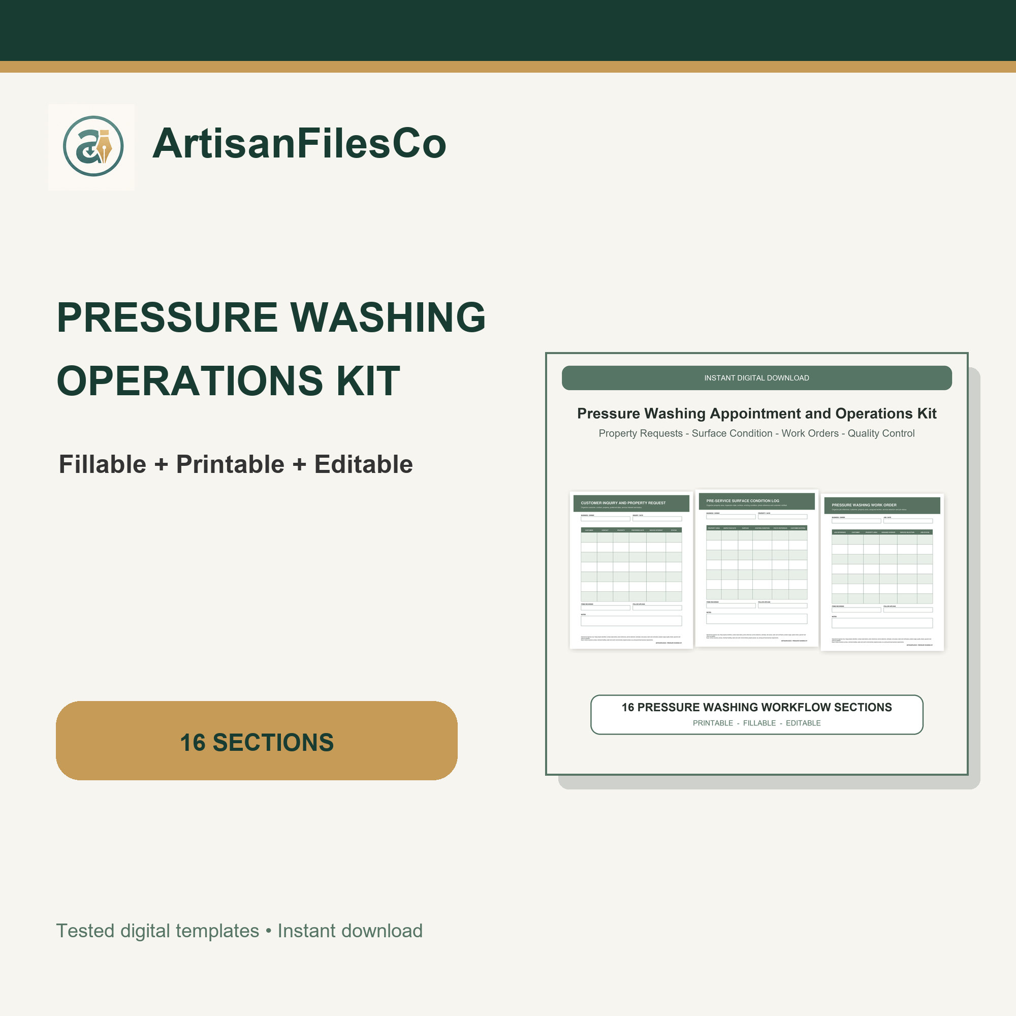 ArtisanFilesCo Pressure Washing Appointment and Operations Kit, Fillable Printable Editable Forms