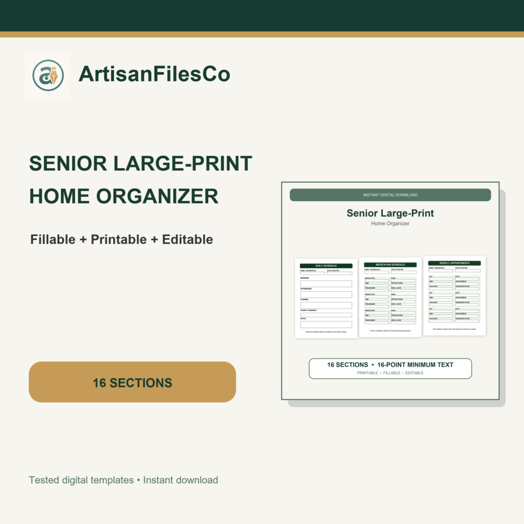 ArtisanFilesCo Senior Large-Print Home Organizer, Fillable Printable Editable Binder