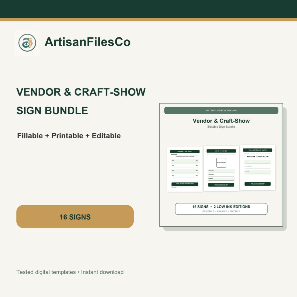 ArtisanFilesCo Vendor Craft Show Sign Bundle, Fillable Printable Editable Booth Signs