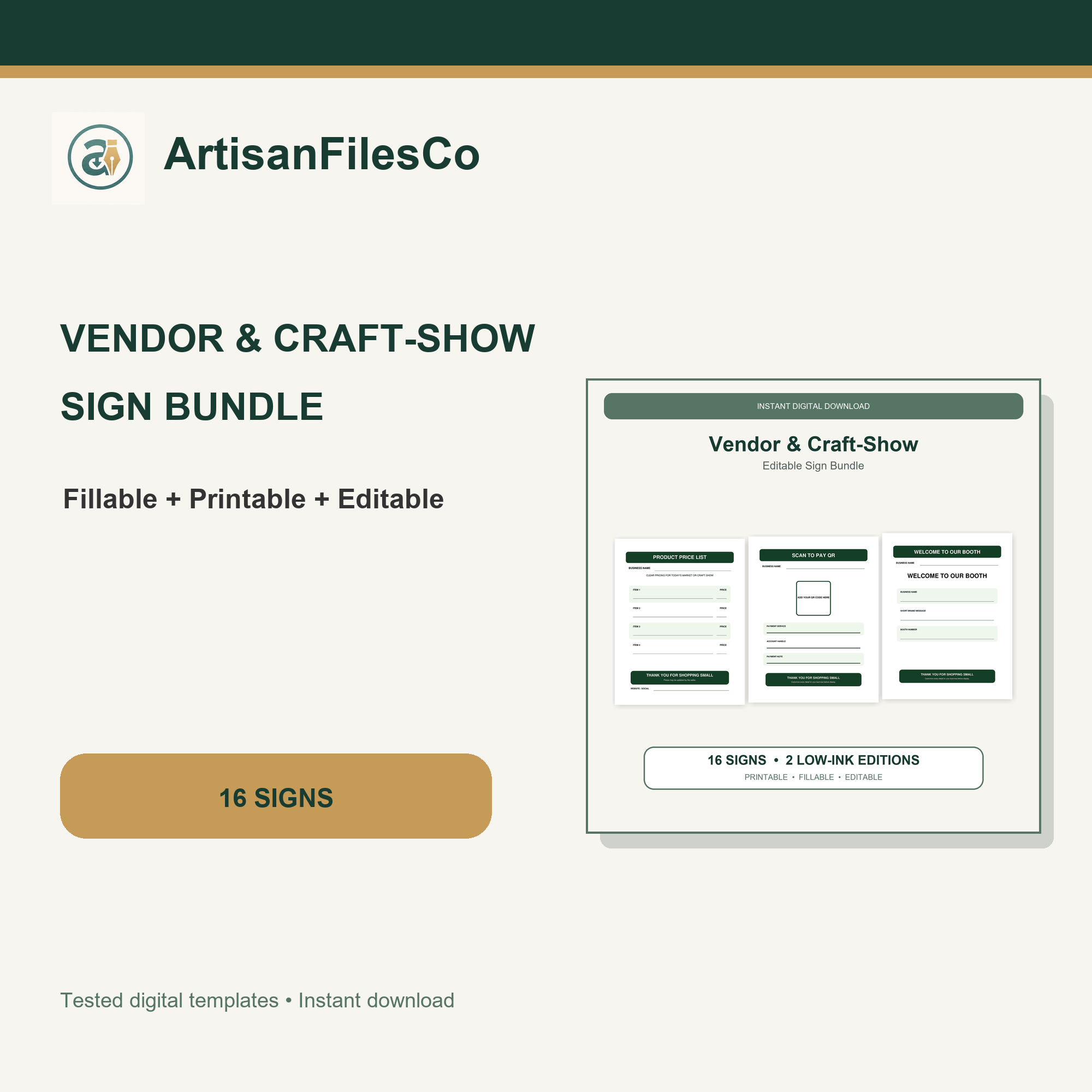 ArtisanFilesCo Vendor Craft Show Sign Bundle, Fillable Printable Editable Booth Signs