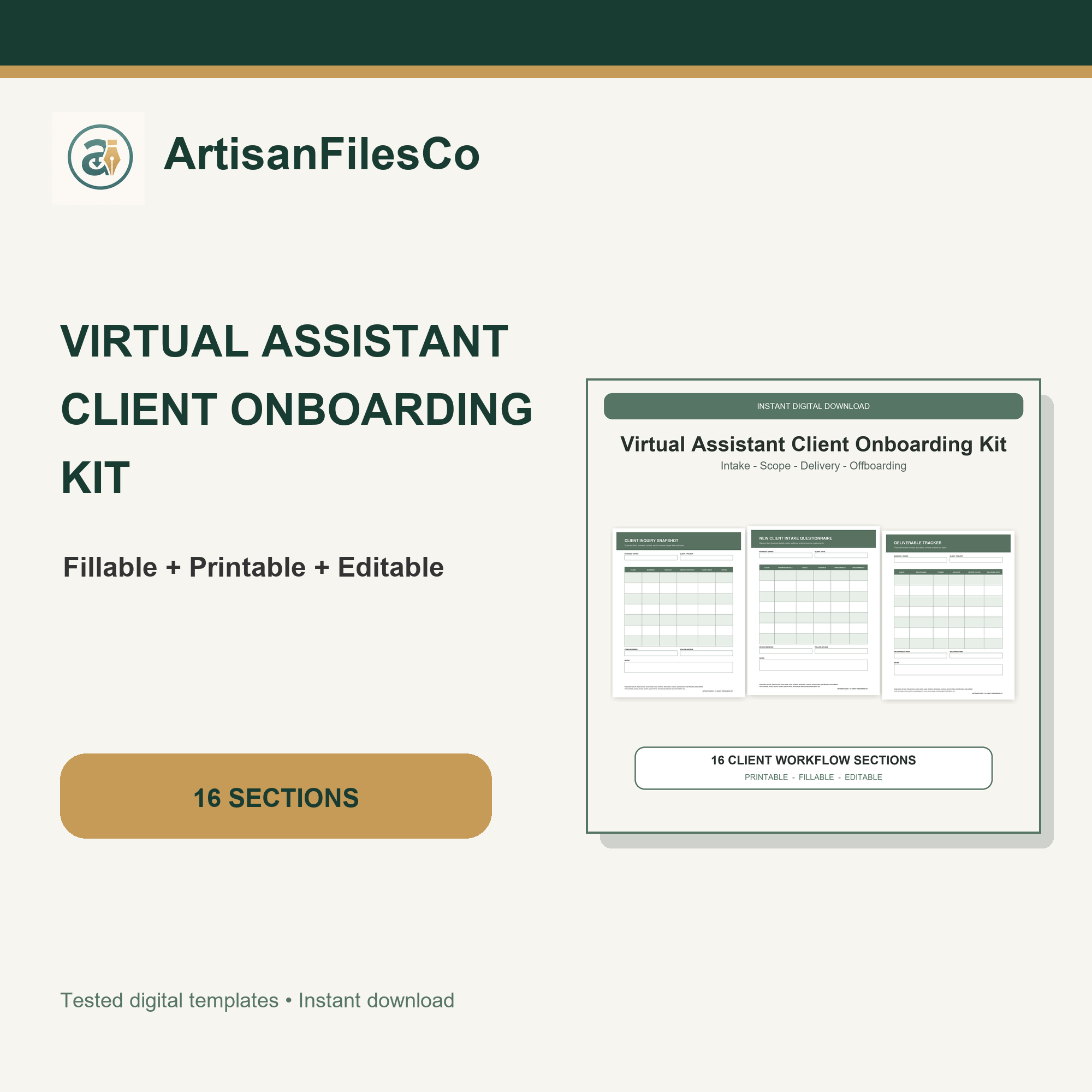 ArtisanFilesCo Virtual Assistant Client Onboarding and Workflow Kit, Fillable Printable Editable Forms