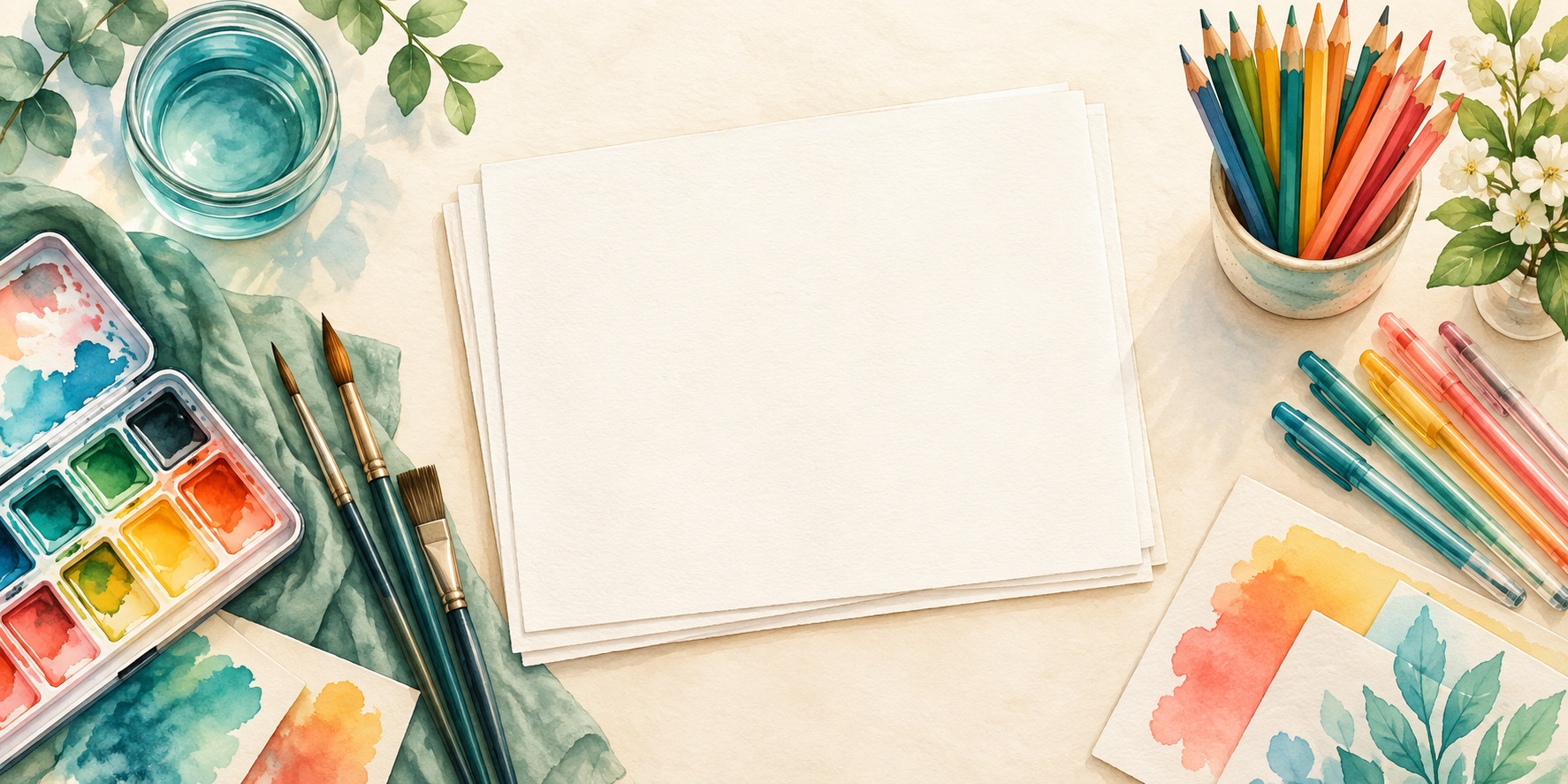 Watercolor paints, paper, brushes, colored pencils and pens on a creative desk