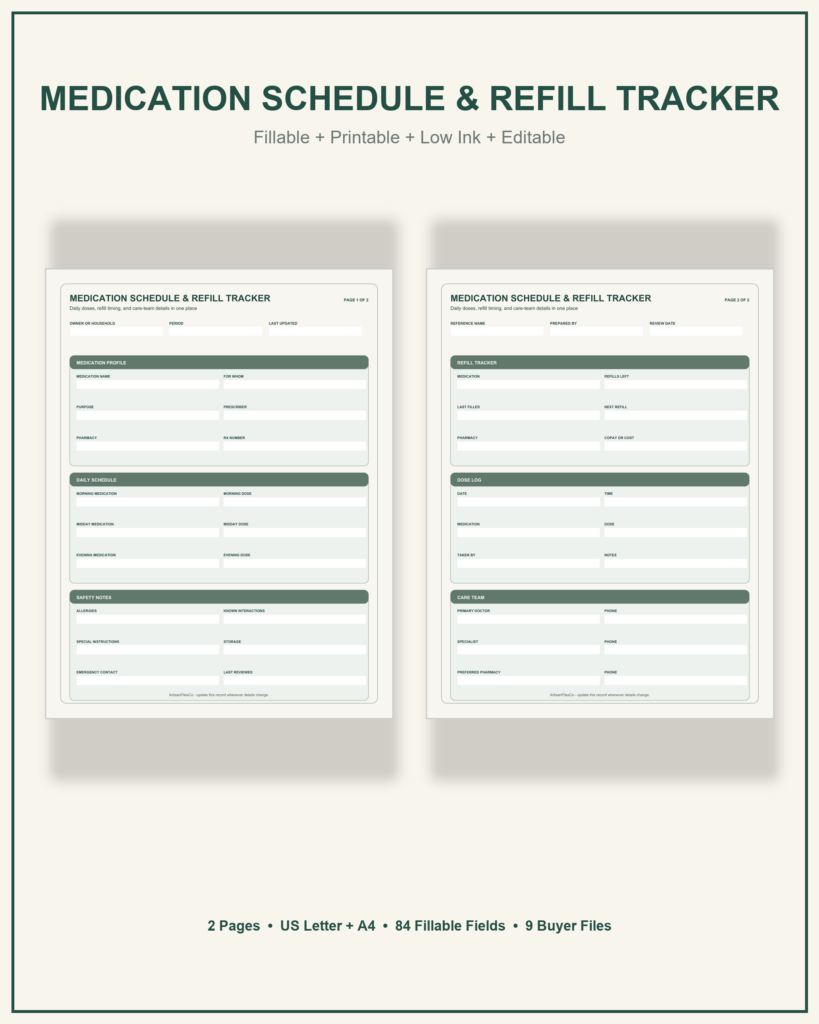 Medication Schedule and Refill Tracker cover showing two actual pages