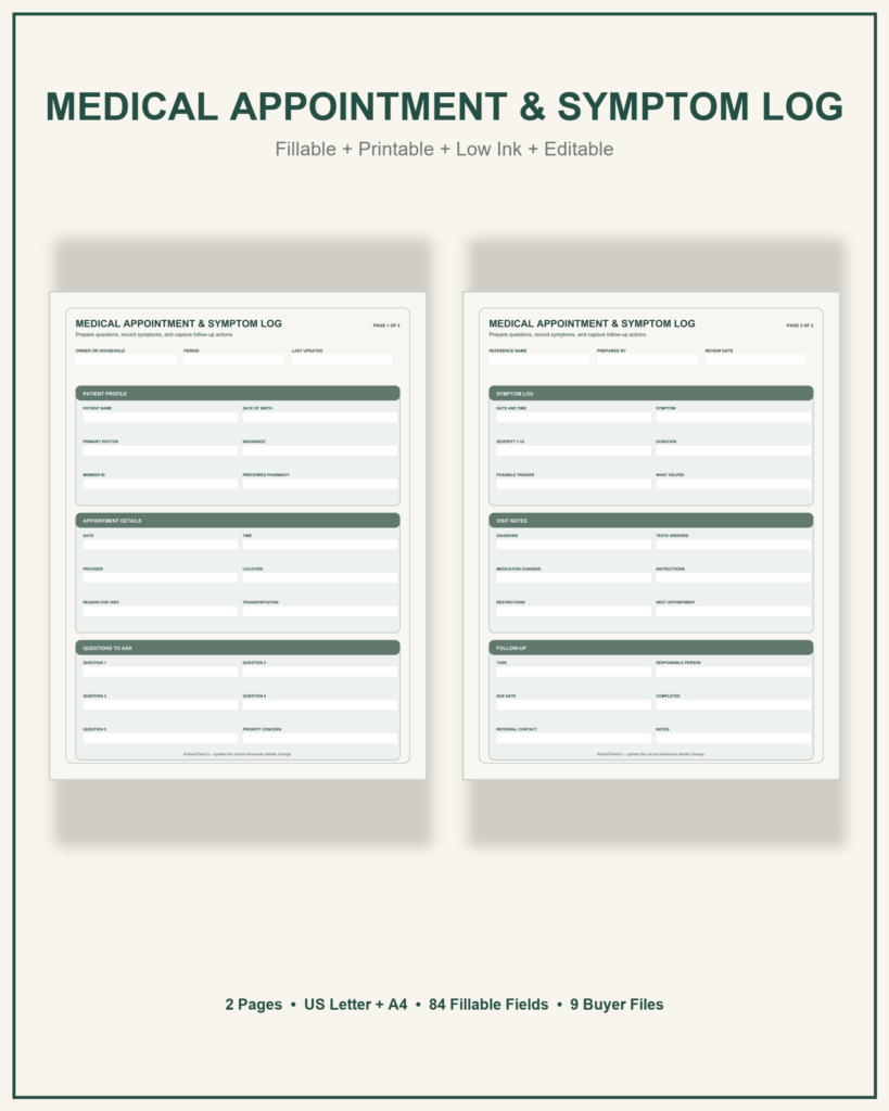 Medical Appointment and Symptom Log cover showing two actual pages