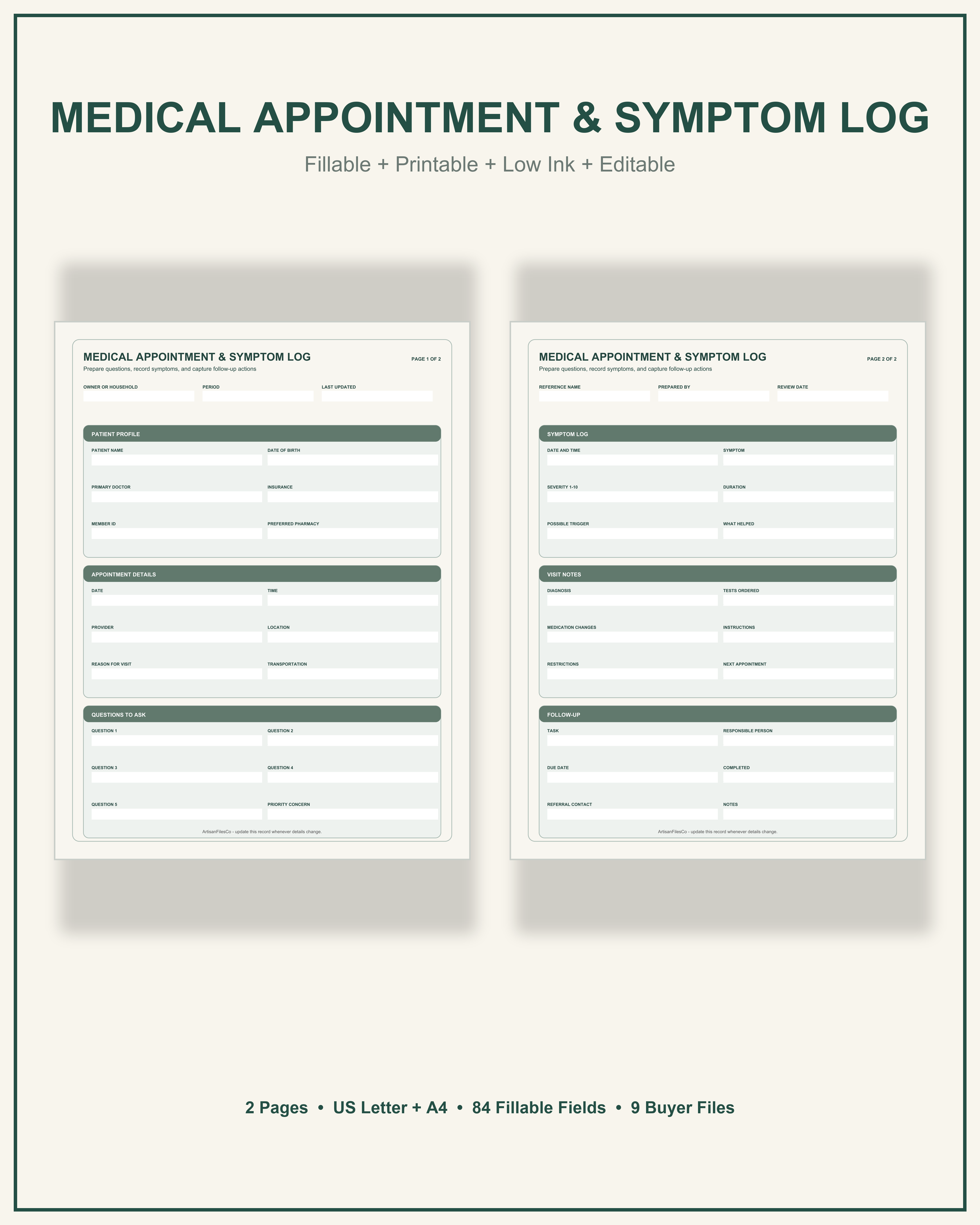 Medical Appointment and Symptom Log cover showing two actual pages