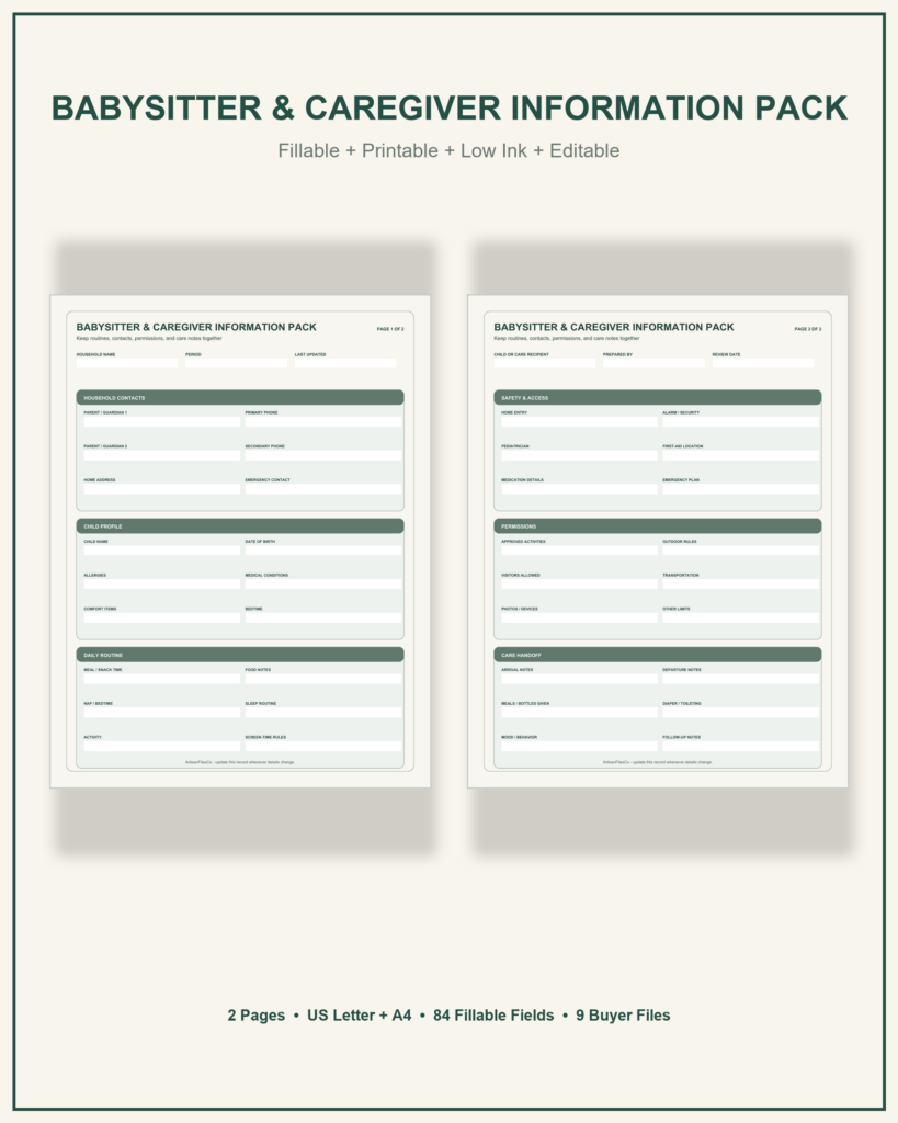 Babysitter and Caregiver Information Pack cover showing two actual pages