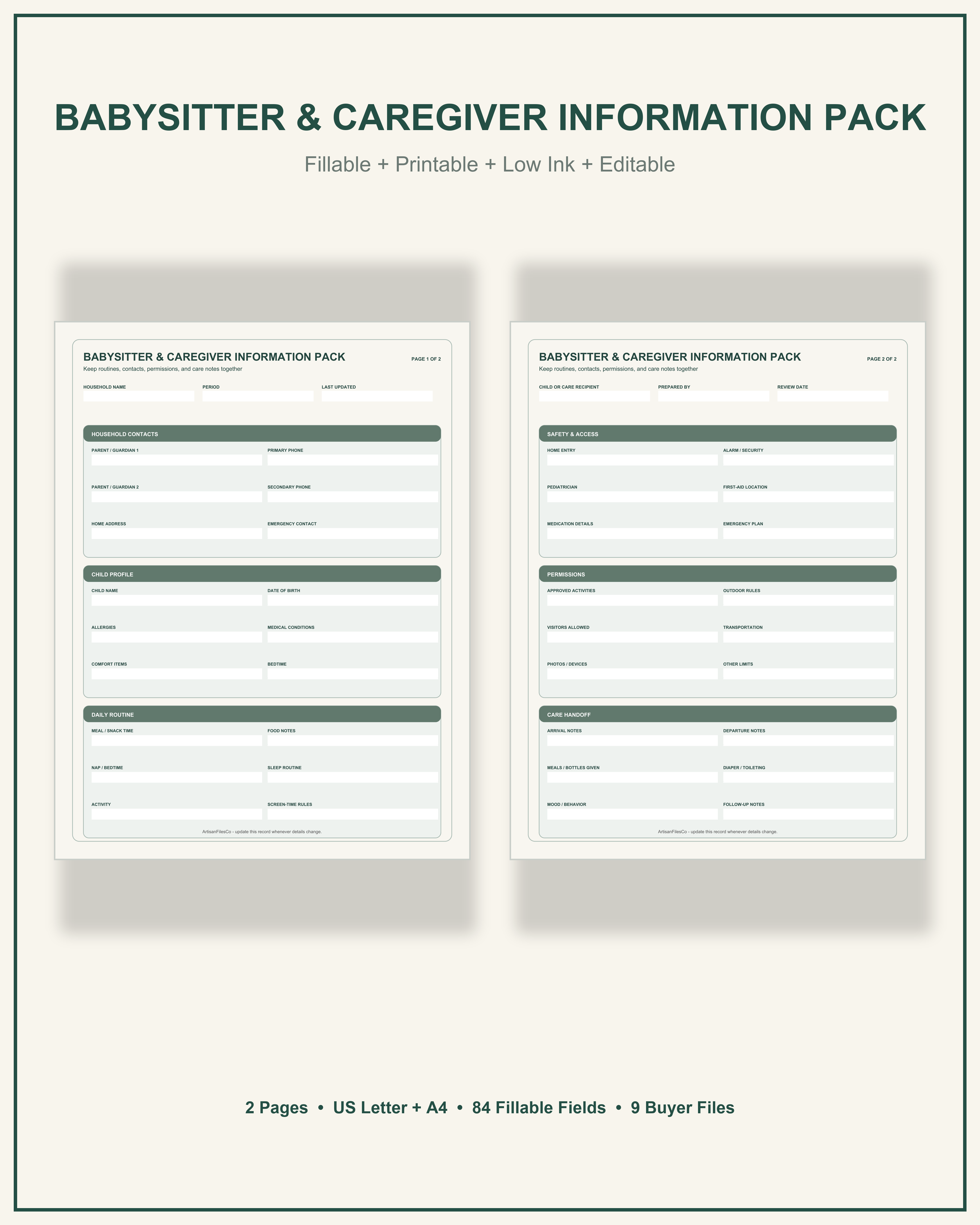 Babysitter and Caregiver Information Pack cover showing two actual pages