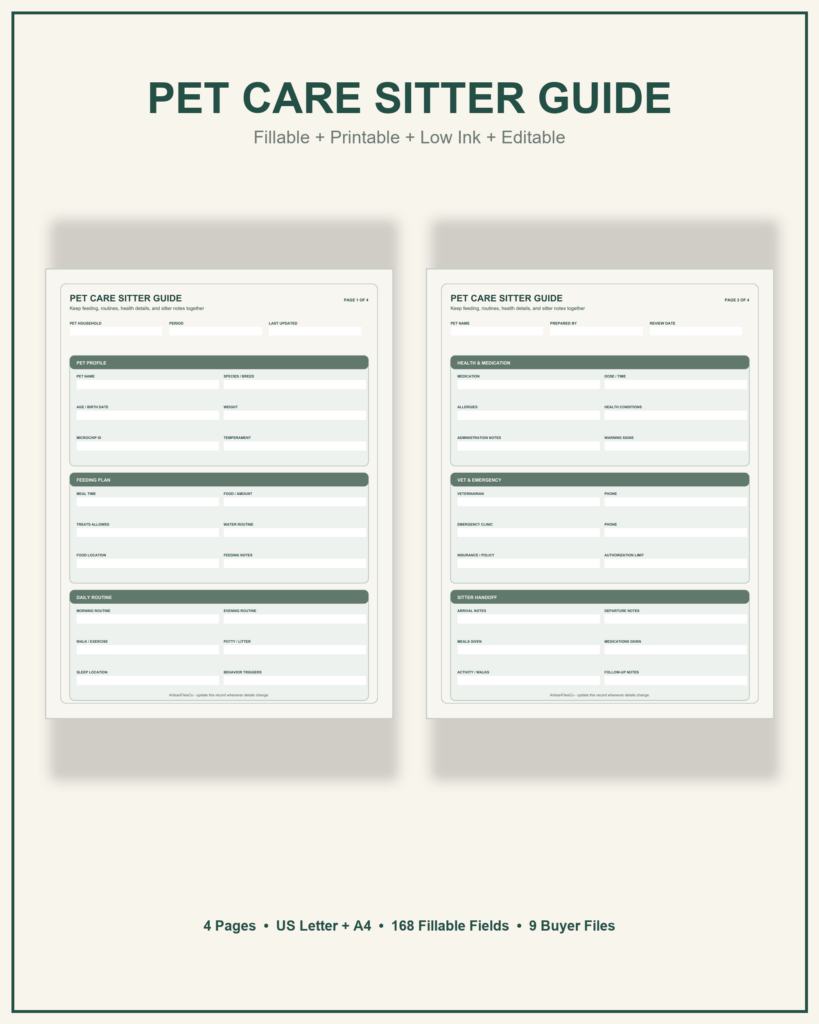 Pet Care Sitter Guide cover showing two actual pages