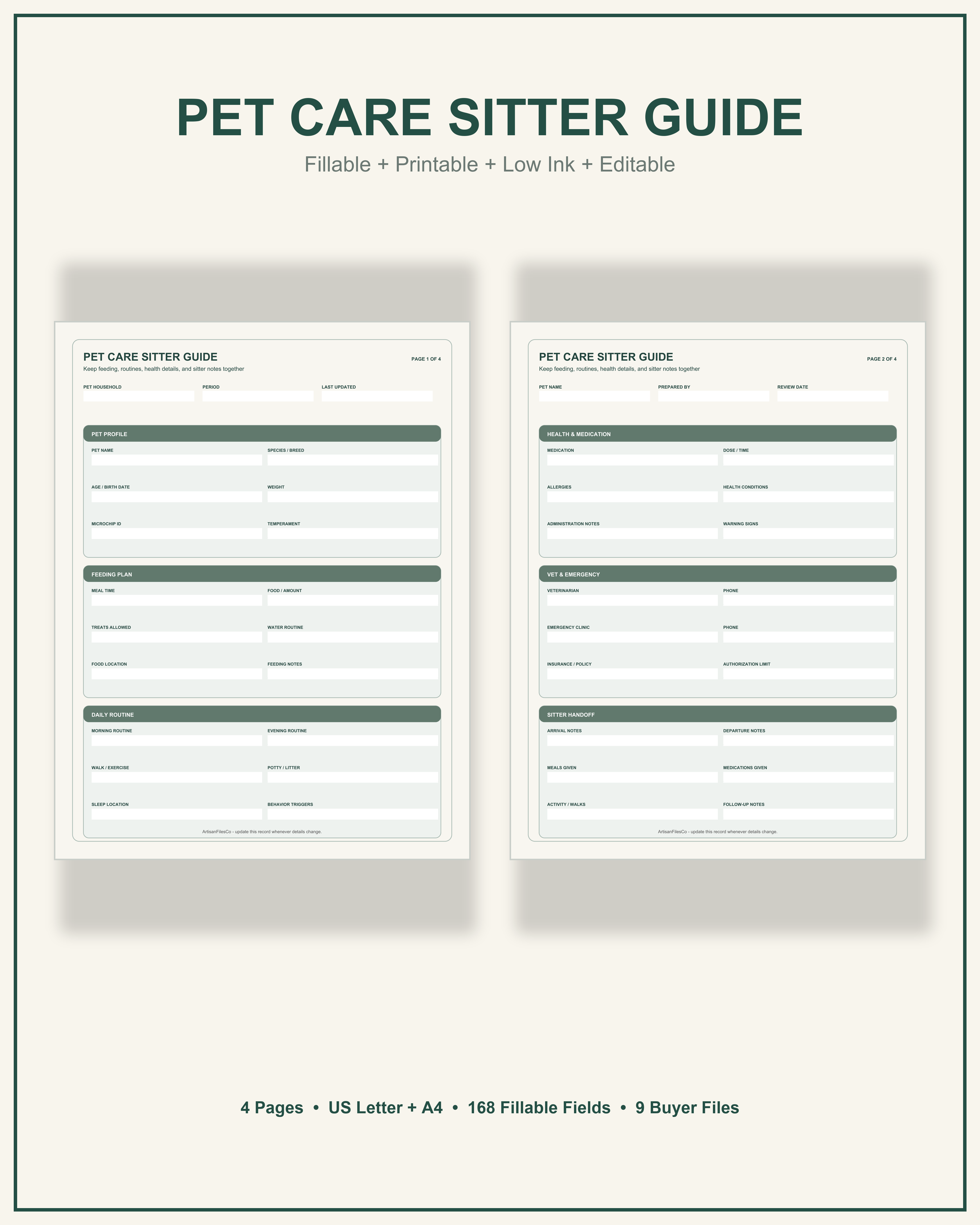 Pet Care Sitter Guide cover showing two actual pages