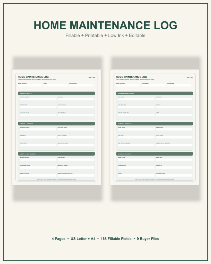 Home Maintenance Log cover showing two actual pages