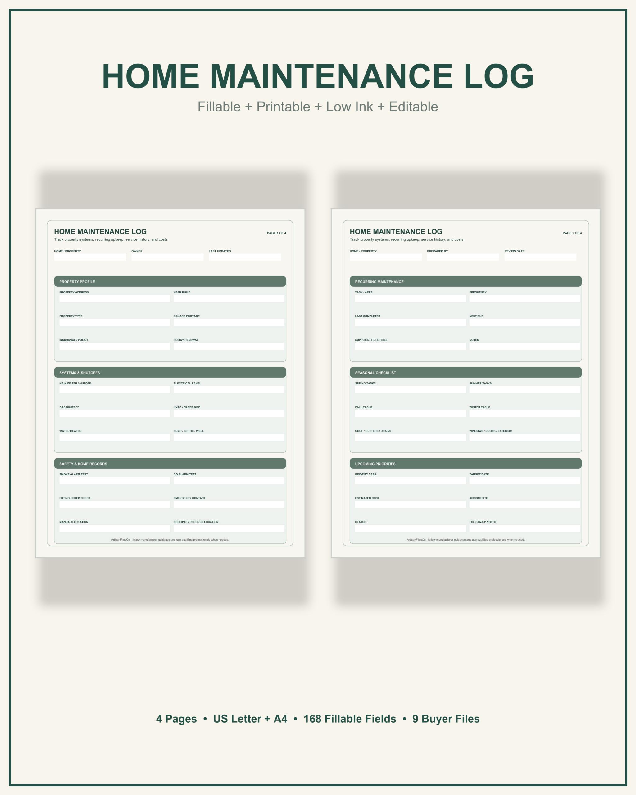 Home Maintenance Log cover showing two actual pages