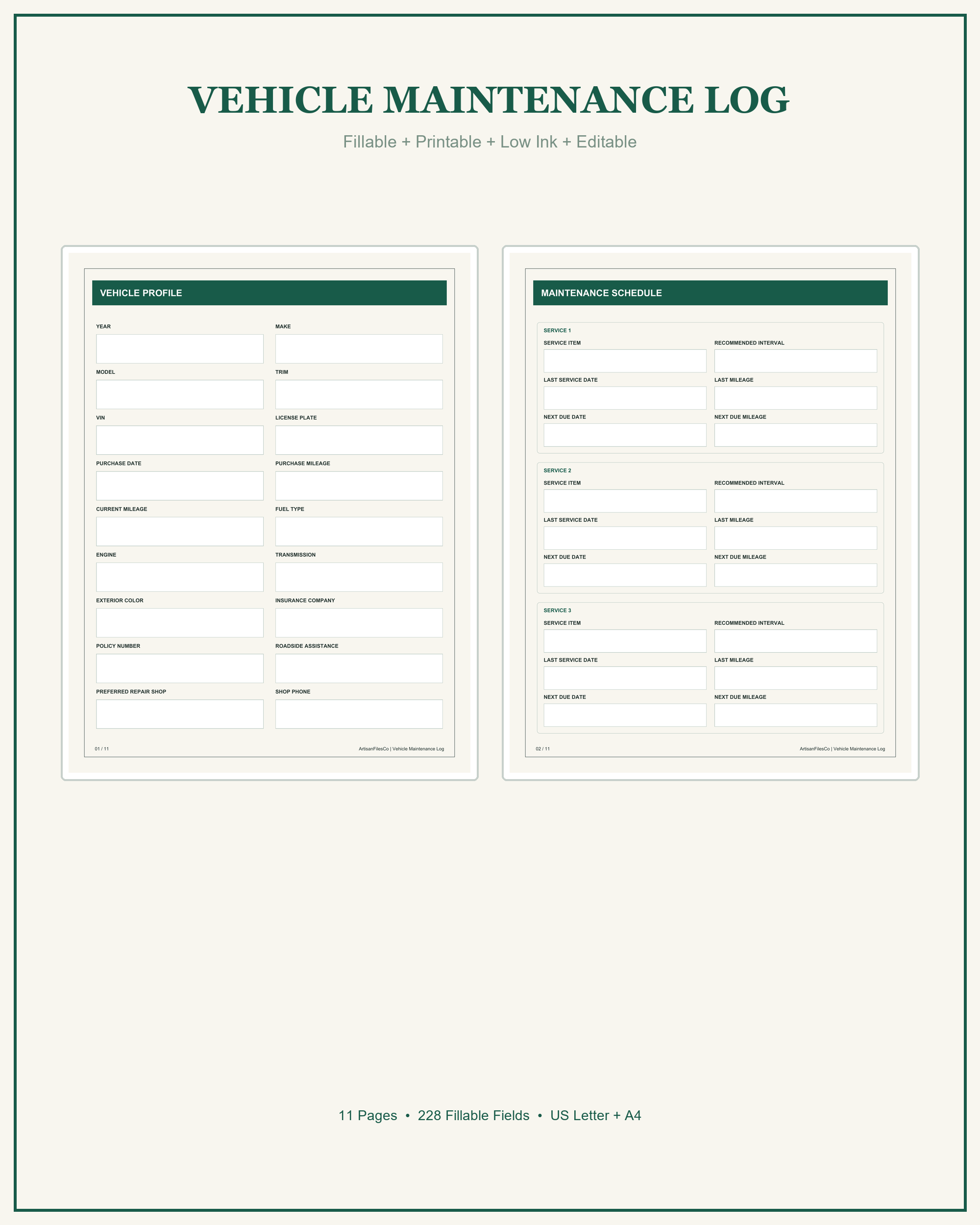 Vehicle Maintenance Log - Product cover - actual included pages