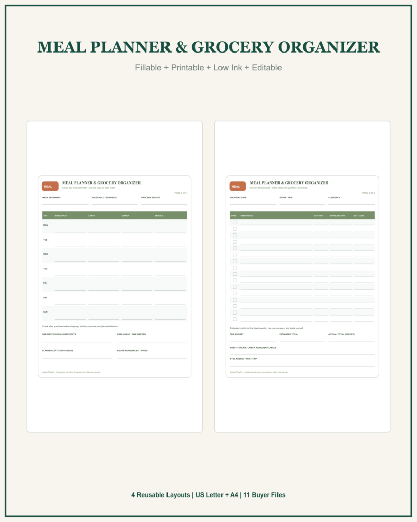 Meal Planner & Grocery Organizer - Two actual pages: seven-day meal calendar and grocery checklist - actual included pages