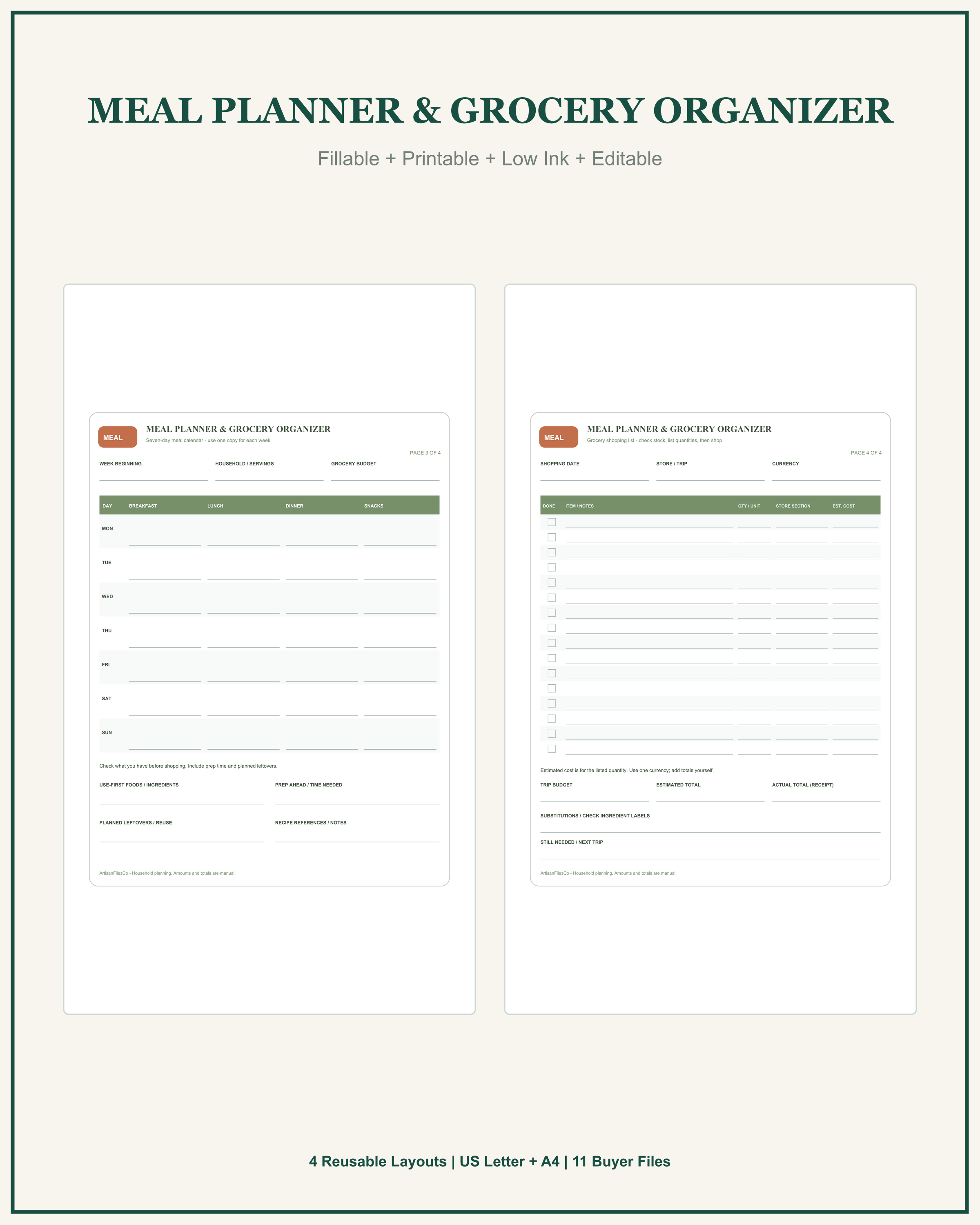 Meal Planner & Grocery Organizer - Two actual pages: seven-day meal calendar and grocery checklist - actual included pages